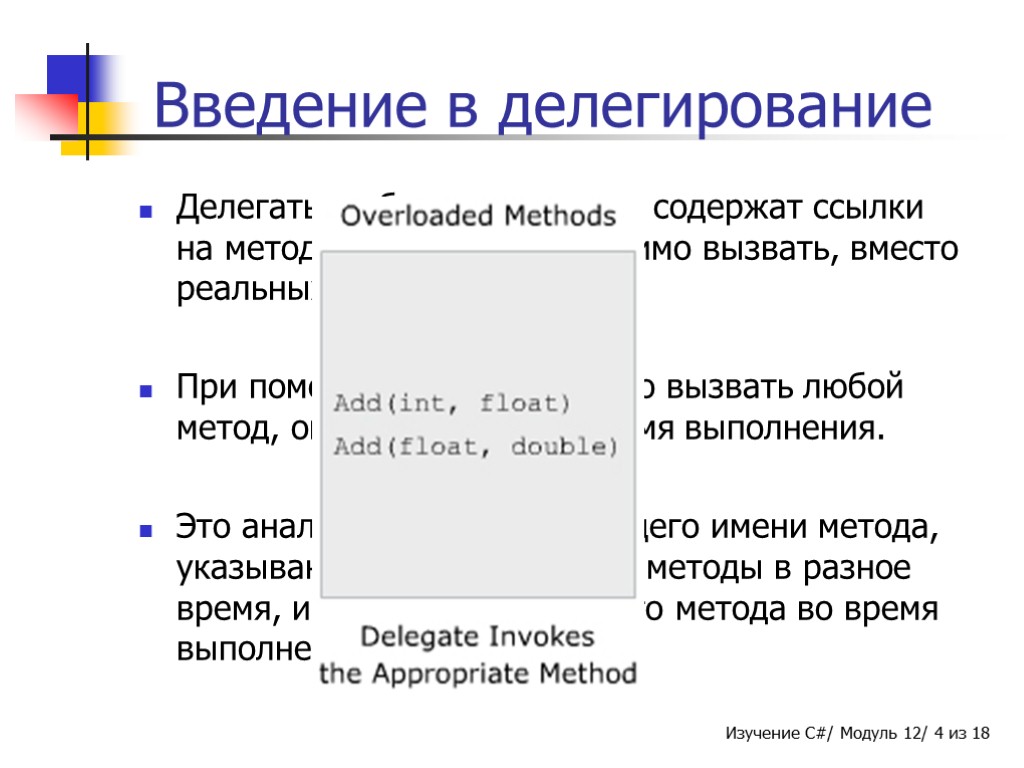 Введение в делегирование Делегаты - объекты, которые содержат ссылки на методы, которые необходимо вызвать,